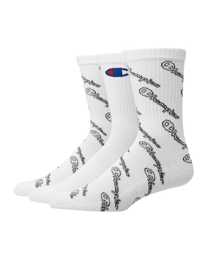 Champion Mens Socks NZ - Crew Script Logo 3-Pairs White ( 0352-AJCPO )